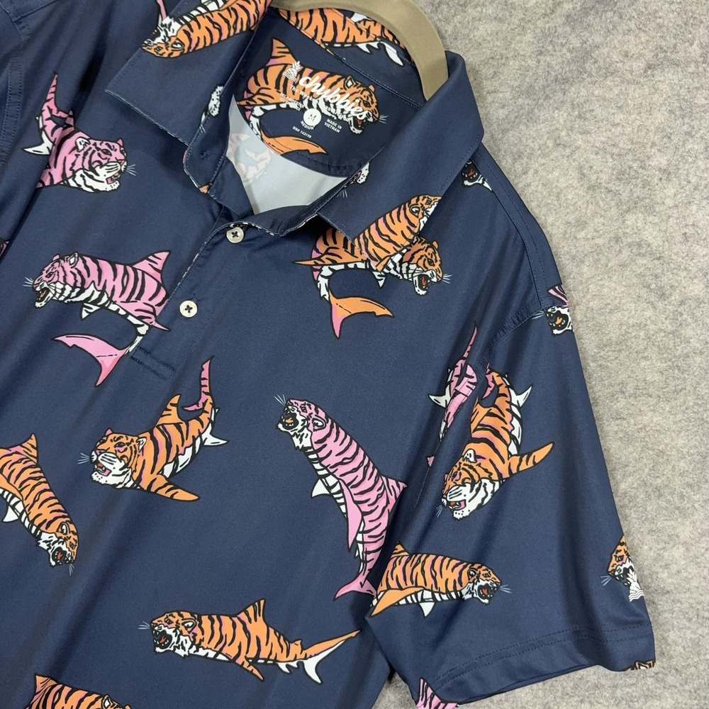 Chubbies Polo Shirt Mens Sz M Blue Tiger Shark Lightweight Stretch Beach